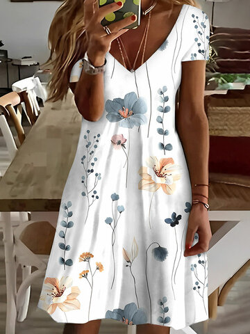 Allover-Blumendruck mit V-Ausschnitt Kleid
