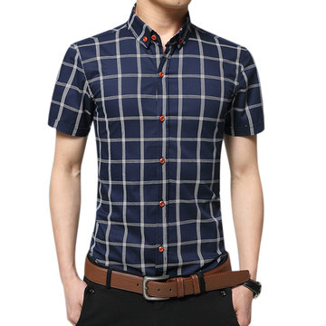 Plus Size Business Casual Plaids Printed Slim Fit Short Sleeve Dress Shirts for Men