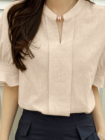 Solid Ruffle Sleeve Casual Blouse