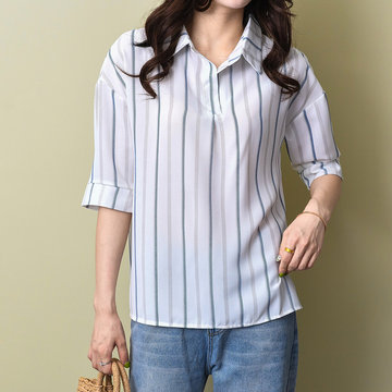 

Korea Dongdaemun Season New Women's Sleeve Print Striped Shirt Loose Top 1003