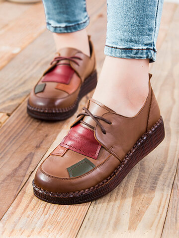Leather Patch Design Hand Stitching Flat Shoes