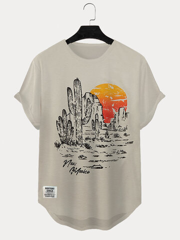 Cactus Landscape Print Curved Hem T-Shirts