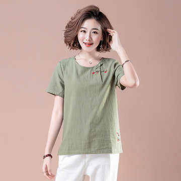 

Fq6616 Short-sleeved T-shirt Female Season Loose Large Size Middle-aged Women's National Wind Wild Cotton Shirt T