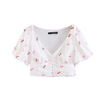 

Season New French Retro Deep V-neck Small Cherry Chiffon Short Shirt Ladies Short-sleeved Shirt