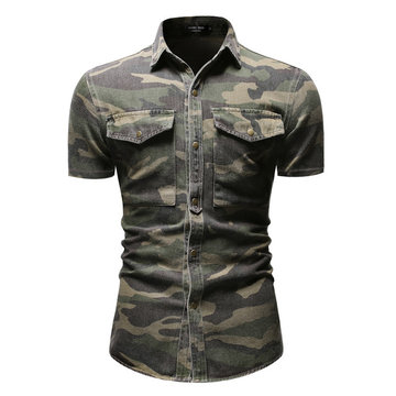 

Season New Men's Short-sleeved Denim Clothing Hot Short-sleeved Shirt Personality Camouflage Men's Denim Shirt