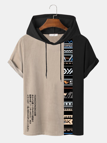 Ethnic Pattern Patchwork Hooded T-Shirts