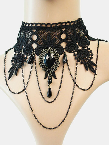 Halloween Lace Flower Crystal Necklace