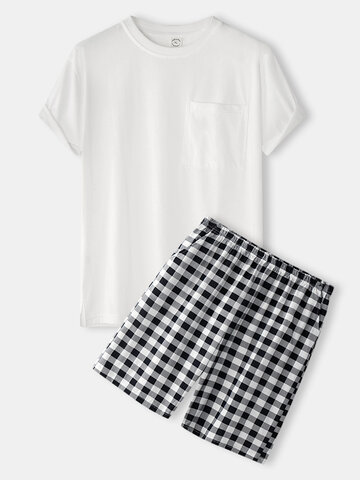 Solid Split Hem Plaid Shorts Pajamas