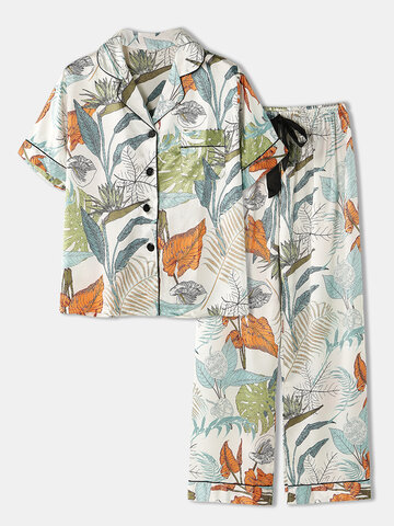 Plant Leaf Print Faux Silk Pajamas
