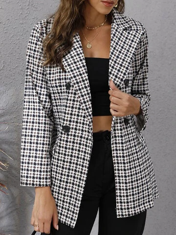 Houndstooth Print Double Breasted Long Sleeve Lapel Blazer 