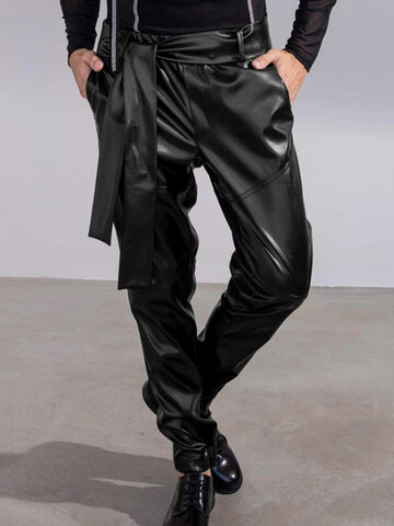 Men Belt Tie Artificial Leather Casual Pants