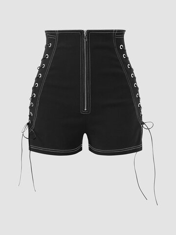 Solid Lace Up Zip Front Shorts