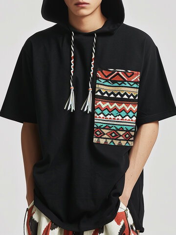 Patchwork Ethnic Pattern Hooded T-Shirts