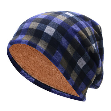 

Grid Skullies Beanies Cap Knitted Cotton Bonnet Hat, Red coffee blue purple black white