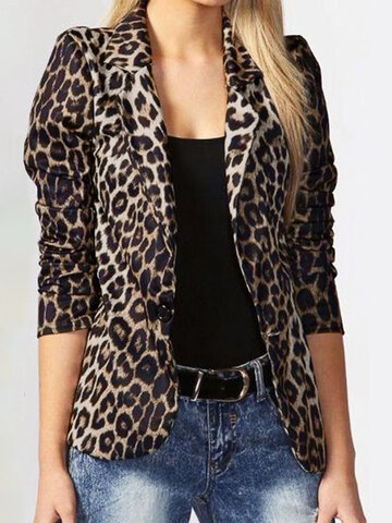 Leopard Print Long Sleeves Button Lapel Jacket Suit with Shoulder Pad 