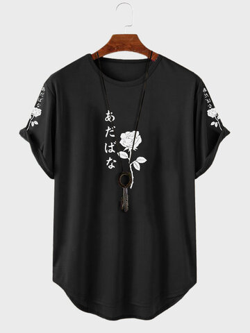 Japanese Roses Print Curved Hem Shirts