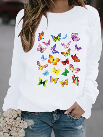 Butterflies Print O-neck Sweatshirt