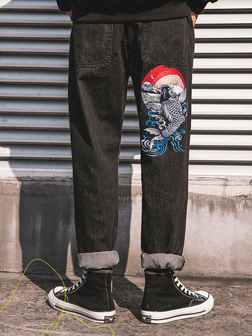 Men's Fashion Carp Embroidered Hip Hop Straight Jeans