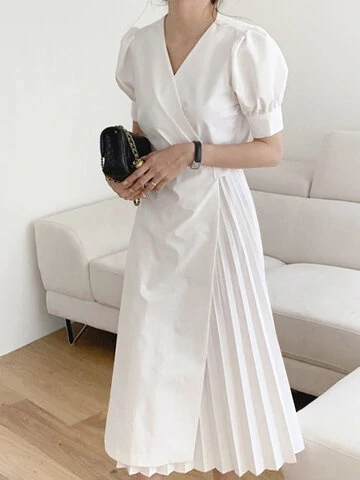 Solid Pleated Puff Sleeve Wrap V-neck Casual Dress