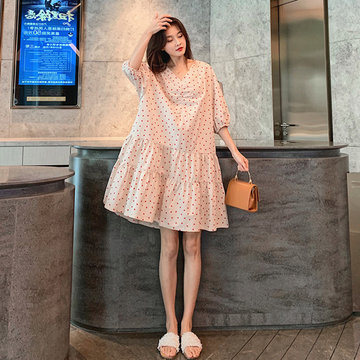 

Small Fresh And Sweet Dress Female Long Section Of The Season Temperament V-neck Lady Loose Lantern Sleeves A Word Skirt