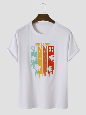 Men Cotton Letter & Coconut Tree Hawaii All Matched Skin Friendly Crew Neck T-Shirts