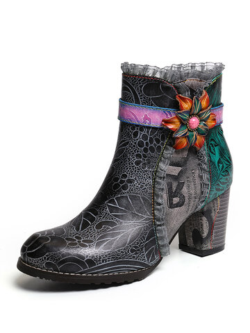 Printed Leather Splicing Floral Boots