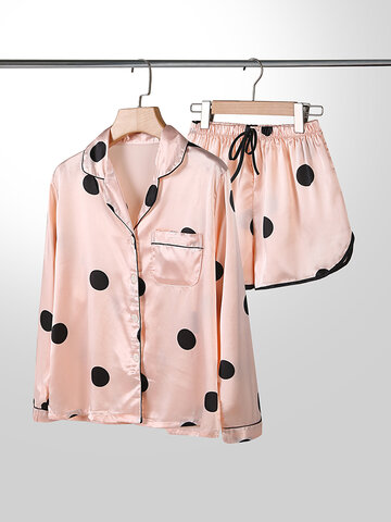 Faux Silk Polka Dot Long Sleeve Pajamas