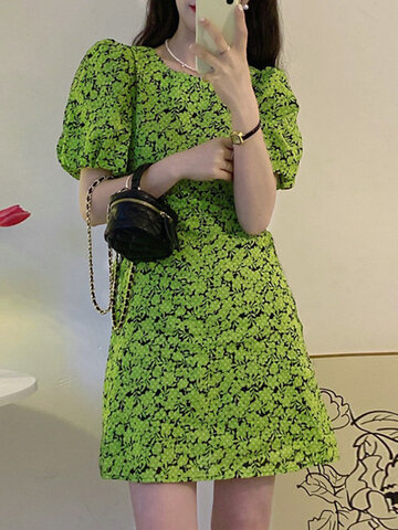 Puff Sleeve Allover Floral Dress