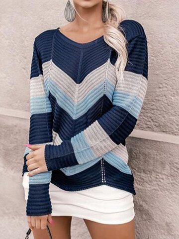Contrast Color Long Sleeve V-neck Pullover Knit Sweater