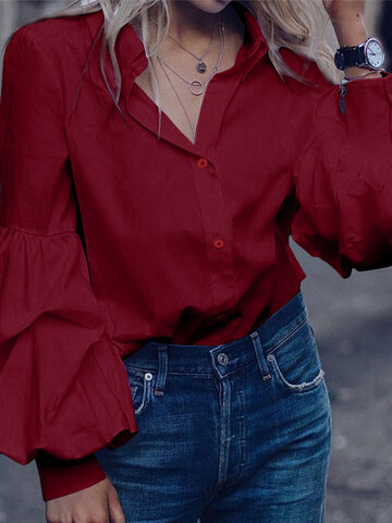 Solid Color Turn Down Collar Blouse