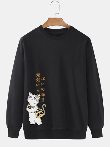 Japanese Cat Side Print Sweatshirts