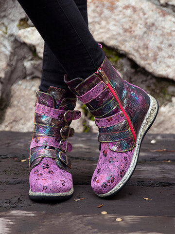 Socofy Retro Ethnic Floral Print Flat Boots