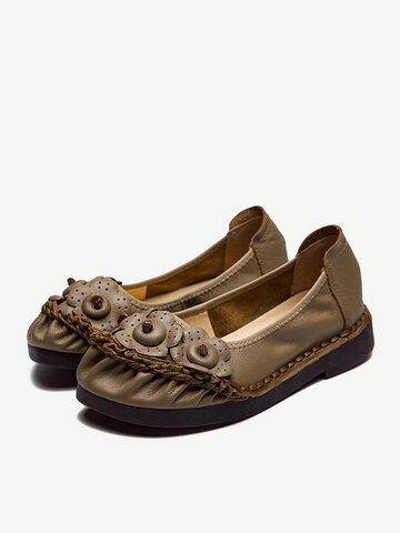 Real Leather Flowers Slip On Flats
