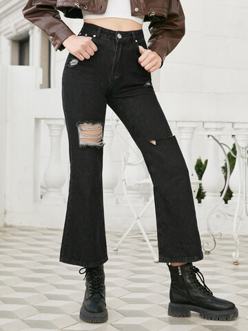 Solid Ripped Flared Leg Jeans