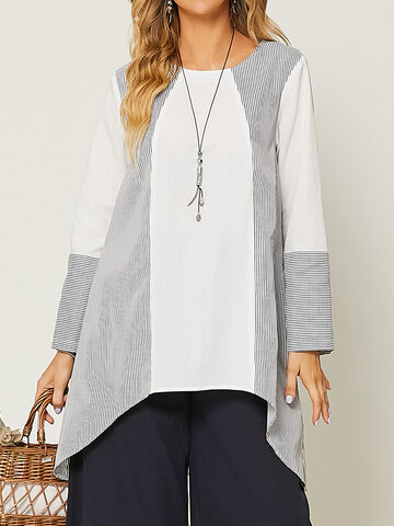 Solid Multi-Striped Pattern Patchwork Blouse