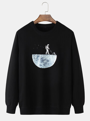 Cotton Solid Color Space Print Sweatshirt