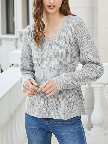 Solid Ruffle Knitted V-neck Sweater