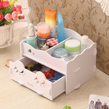 Smiling Face Wooden White Makeup Organizer Neat Table Jewelry Collecting Case Cosmetics Tools