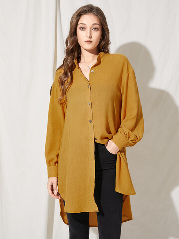 Solid Buttton Stand Collar Blouse