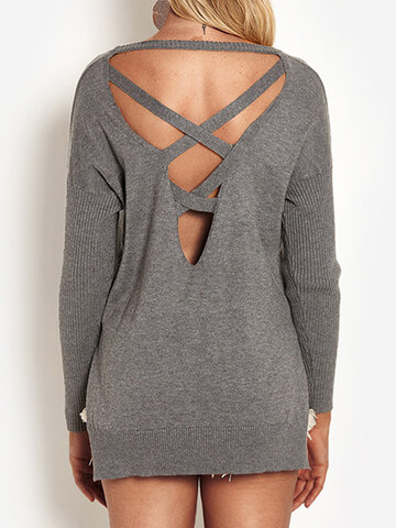 Solid Color Crossed-design Sweater