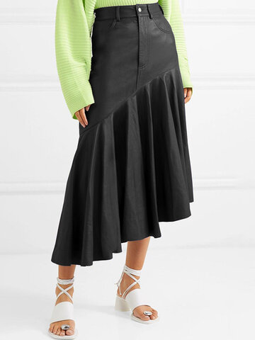 Solid Color Leather Asymmetrical Skirt