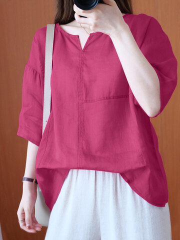Solid V Neck Casual Cotton Blouse
