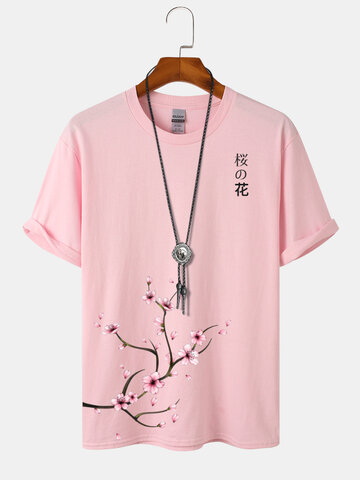Camisetas estilo japonês com estampa de flores de cerejeira