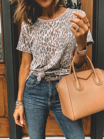 Leopard Print Short Sleeves O-neck Casual T-shirt