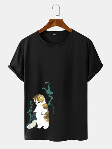 Cartoon Cat & Whale Print T-Shirts