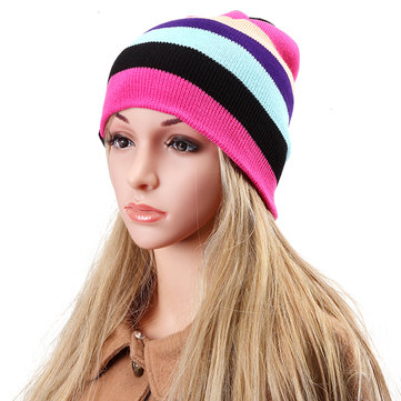 Women Knitted Multicolor Color Stripe Beanie Cap Casual Foldable Warm Head Hat