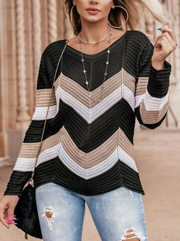 Contrast Color Long Sleeve V-neck Pullover Knit Sweater