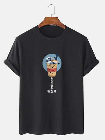 Japanese Wave Milk Tea Print T-Shirts
