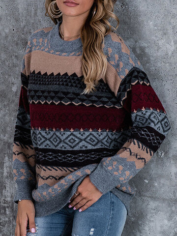 Geo Jacquard Long Sleeve O-neck Knit Pullover Sweater