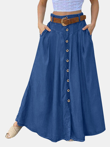 Solid Button Casual Maxi Skirt